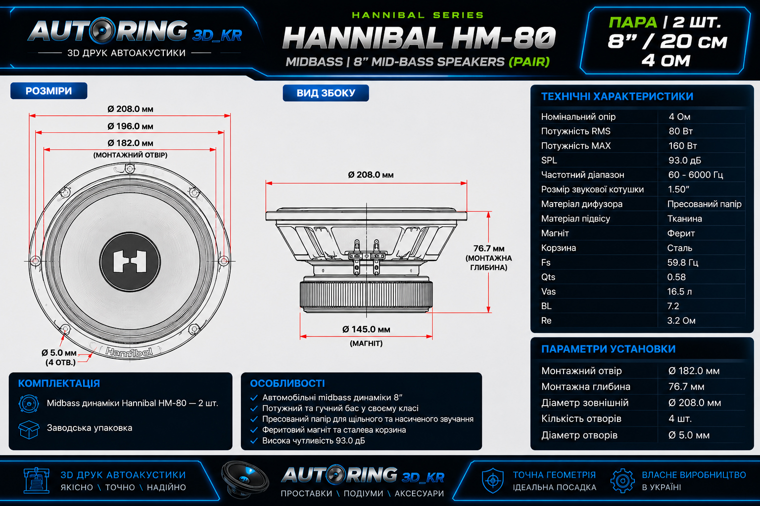 Розміри Hannibal HM-80 Midbass